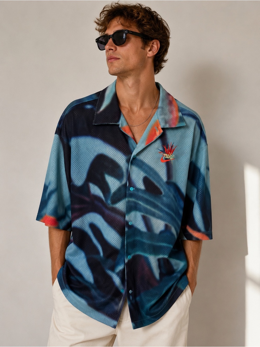 Nike Graphic Mesh ButtonUp Shirt XL Blue Black Orange Streetwear Y2K NWOT